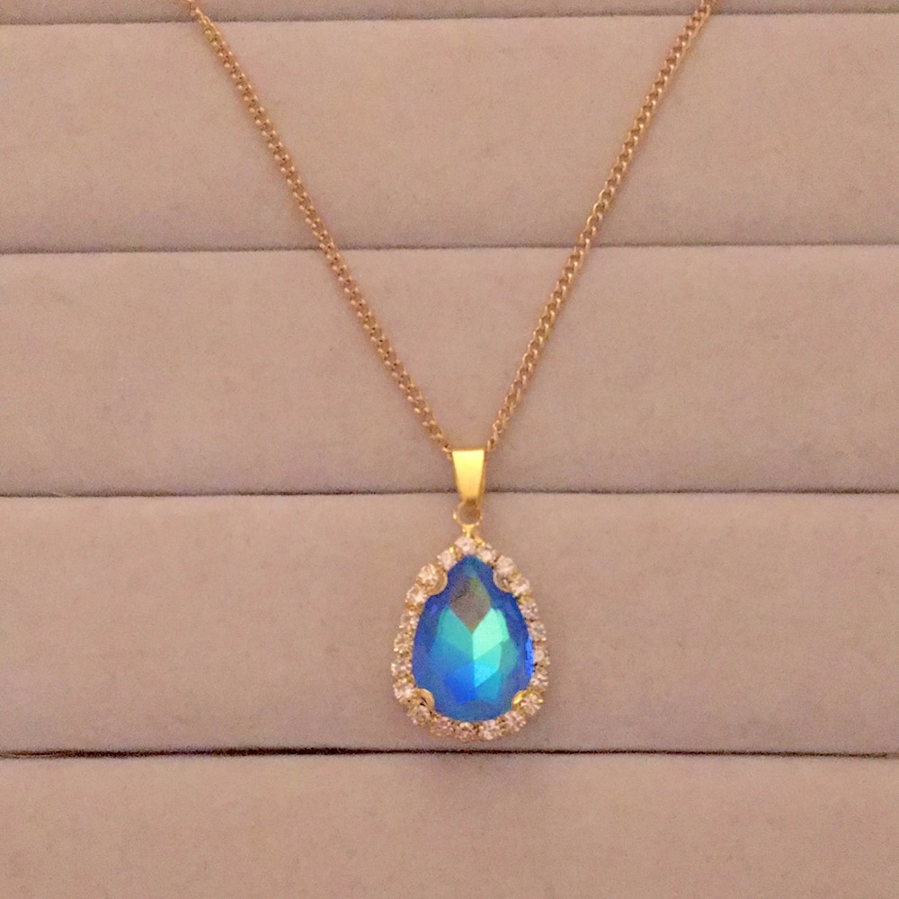 Sapphire Aurora Borealis + Gold Crystal Halo Drop Pendant Necklace - Picture 6 of 7
